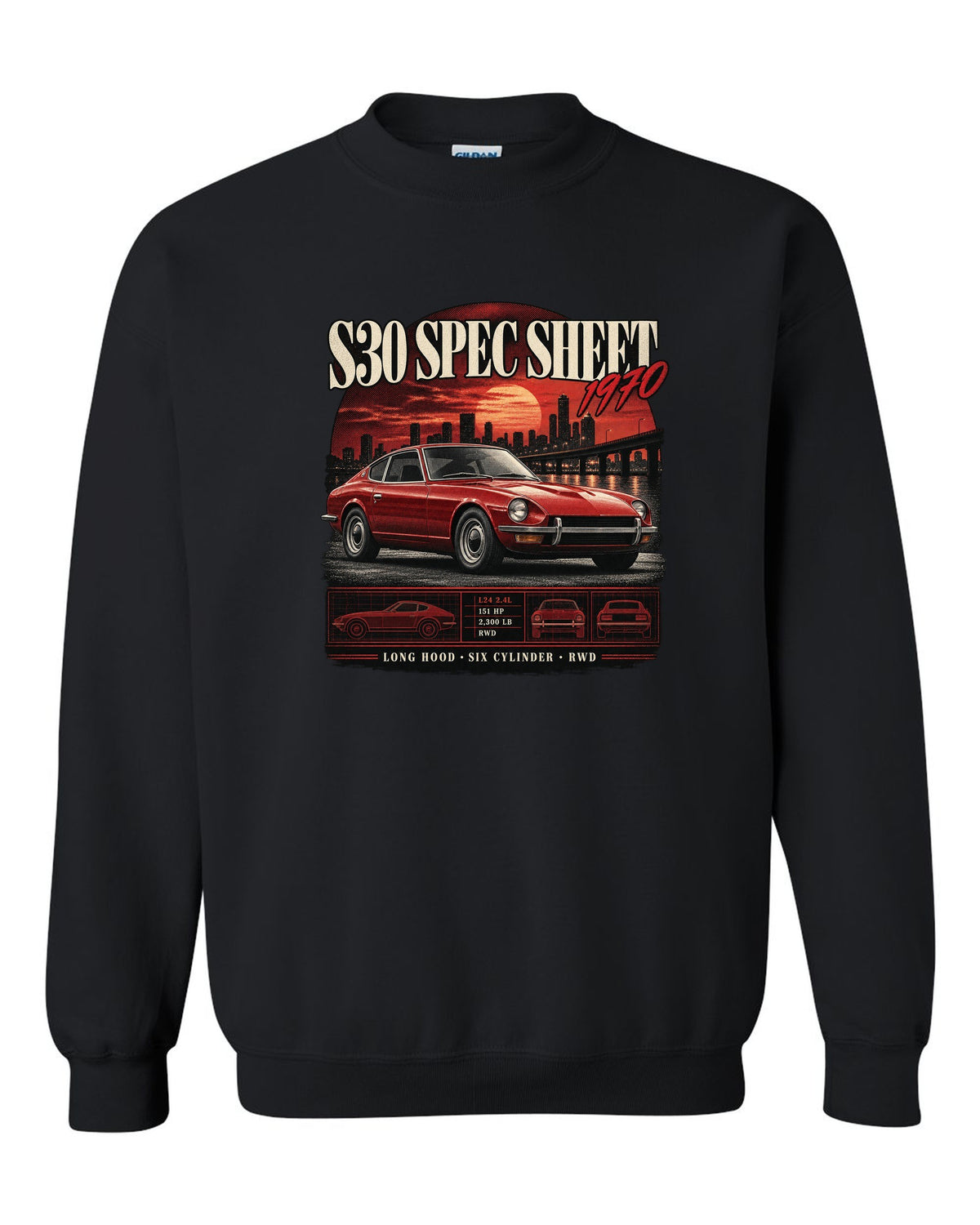Archive panel spec sheet print of a Datsun 240Z S30 with L24 2.4L 151 HP text black crewneck front view with the design