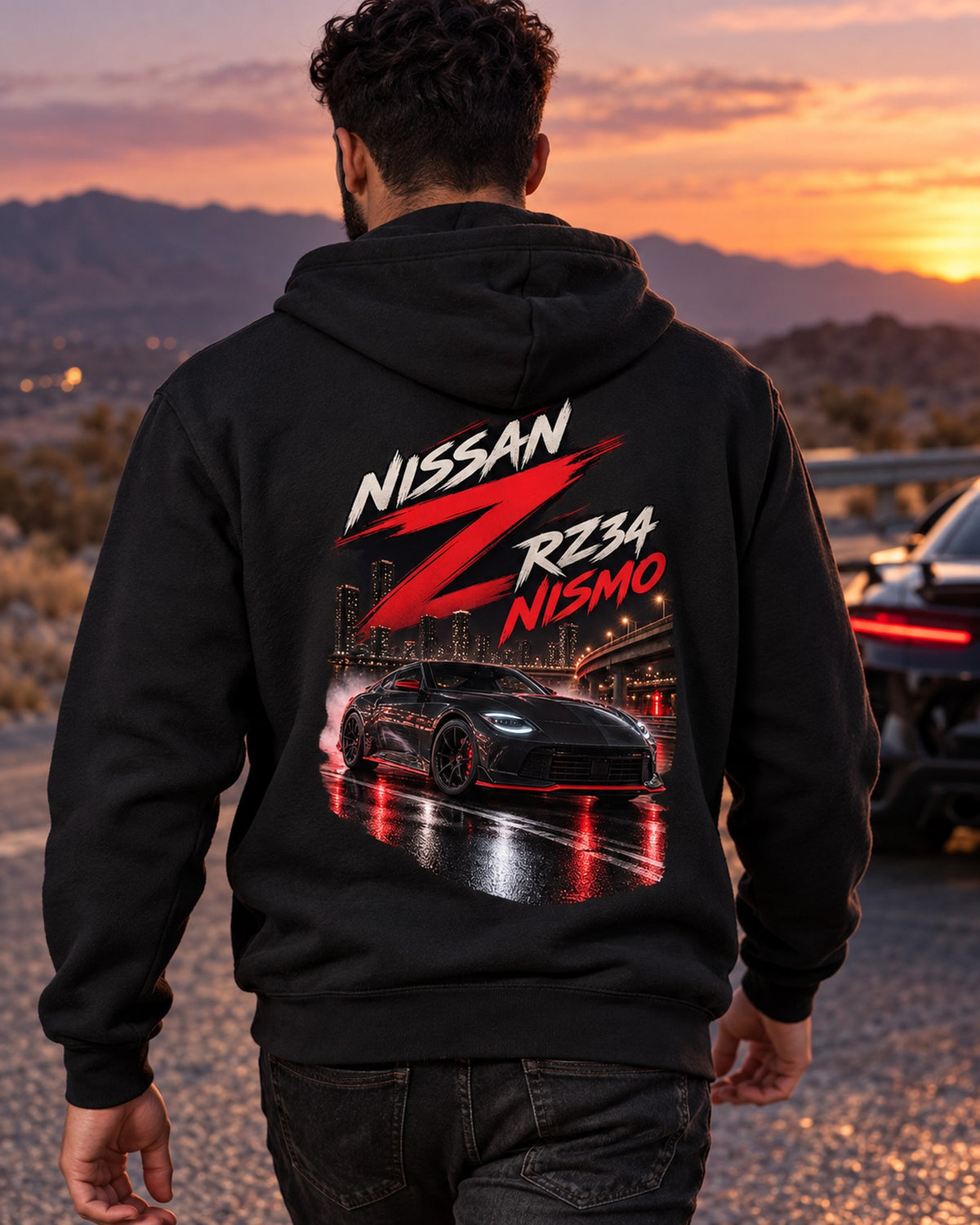 Nissan Z RZ34 Spec Poster Tee, 2022 Debut VR30DDTT Zip Hoodie Black worn hero