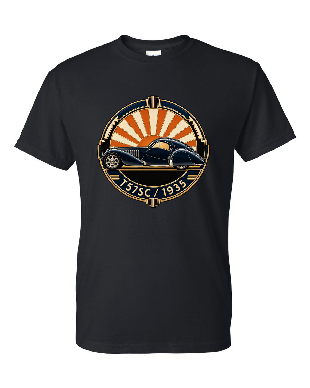 Art Deco crest design featuring the Bugatti Type 57SC Atlantic with T57SC 1935 lettering black t-shirt front view with the design