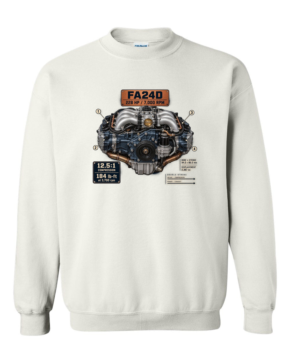 Poster-style engine print of the FA24D flat-four from the Subaru BRZ ZD8 and Toyota GR86 ZN8 white crewneck front view with the design