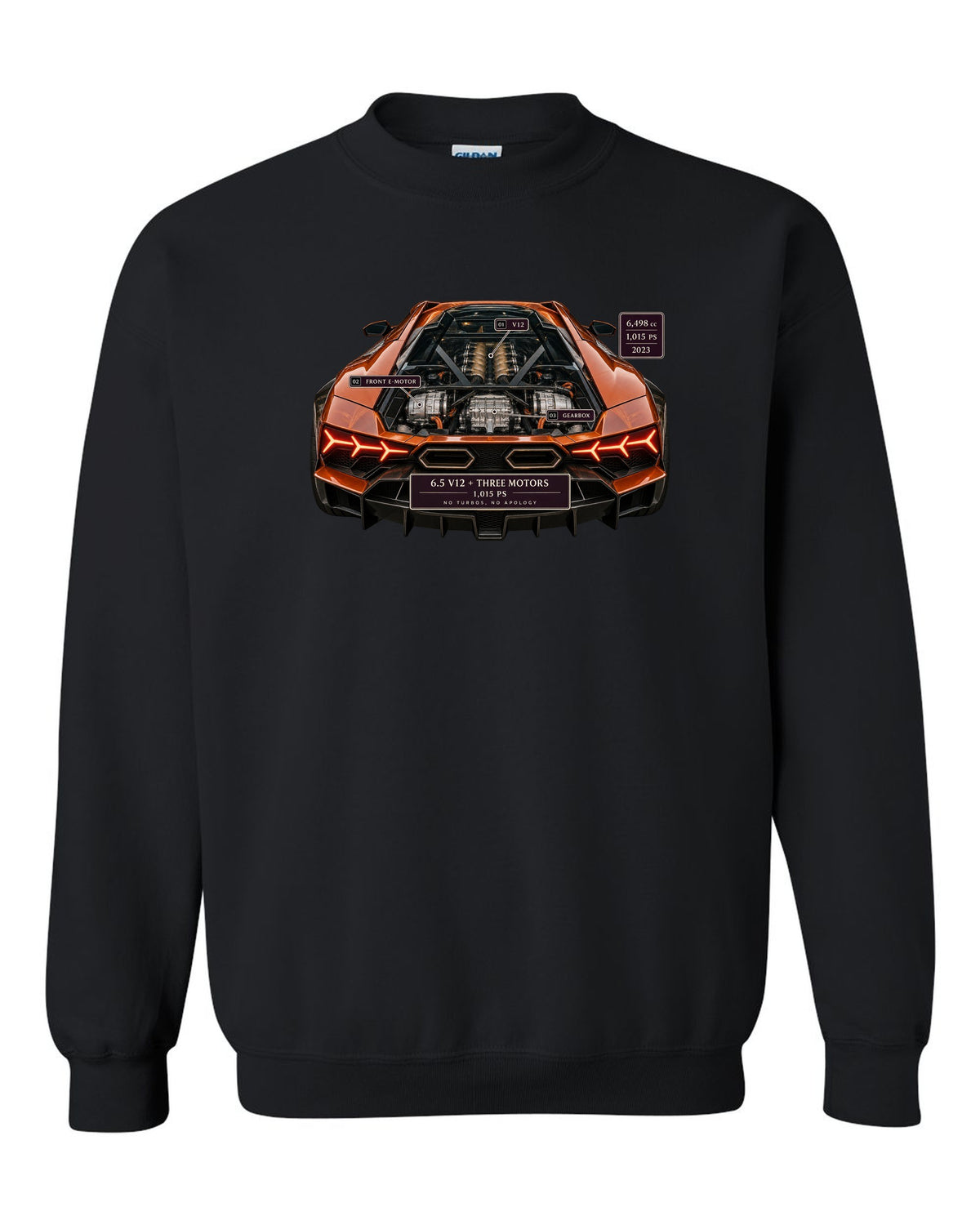 Engine hero print of a burnt orange Lamborghini Revuelto V12 black crewneck front view with the design