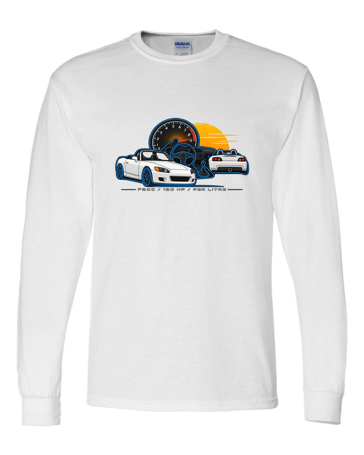Minimal single-line contour print of a 1999 Honda S2000 AP1 with F20C 120 HP Per Litre lettering white long sleeve front view with the design