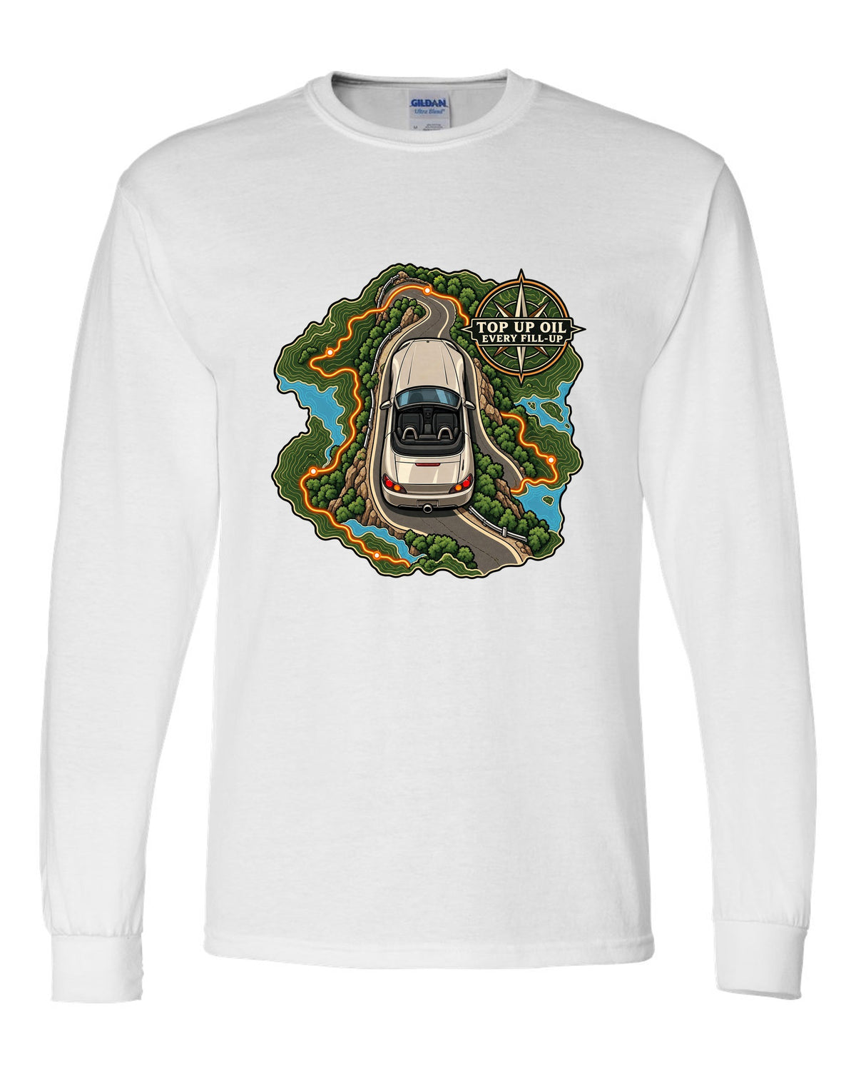 Topographic route map print of a 1999 Honda S2000 AP1 roadster with top up oil text white long sleeve front view with the design