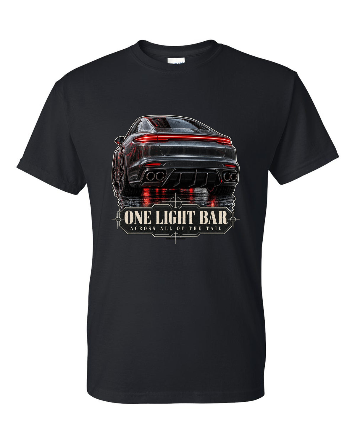 Close crop print of the full-width taillight bar on a Porsche Panamera Turbo S E-Hybrid G3 black t-shirt front view with the design
