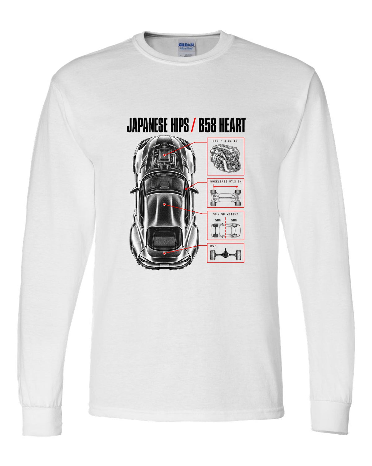 Spec poster print of a Toyota GR Supra A90 with the text Japanese Hips B58 Heart white long sleeve front view with the design