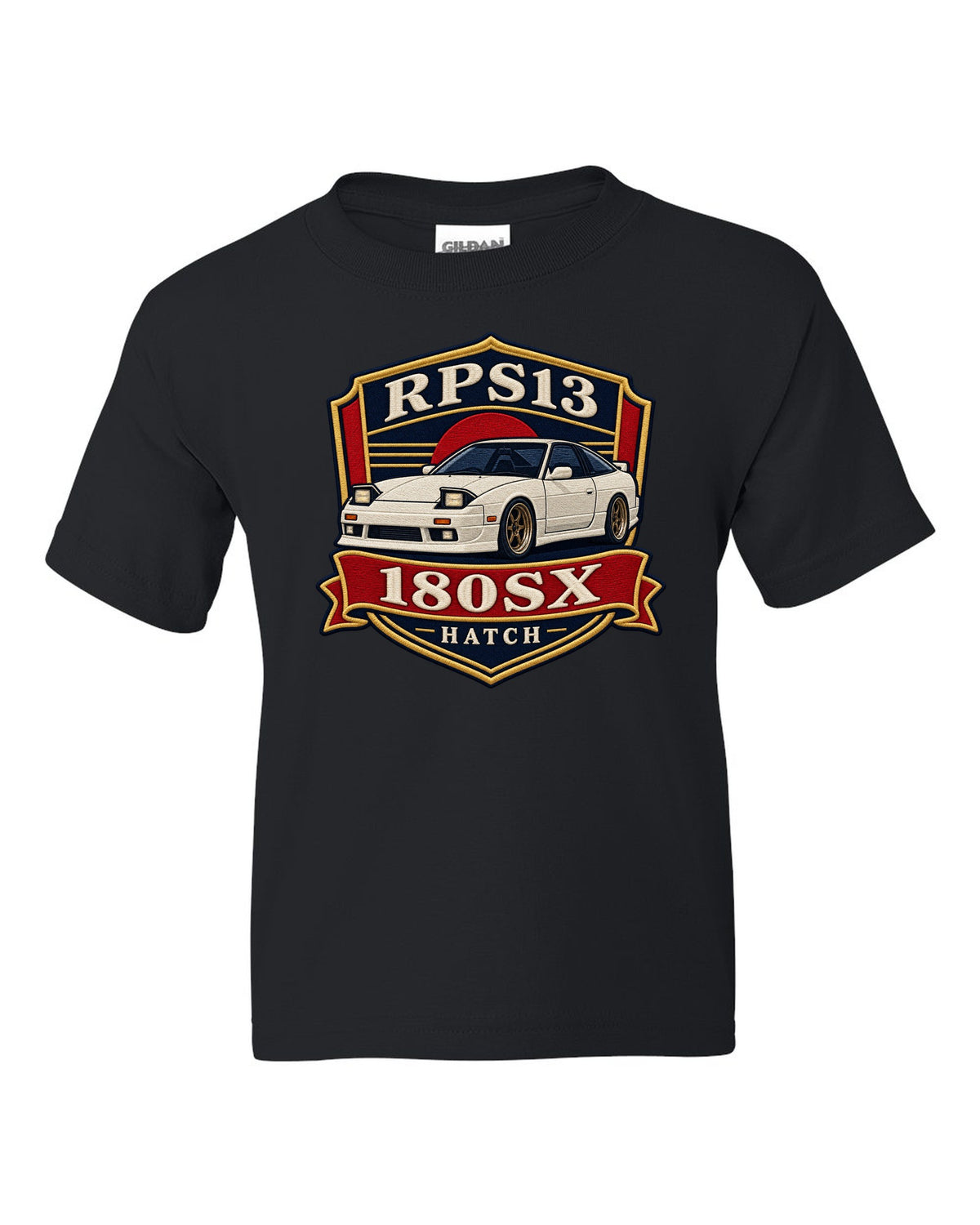 Shield crest print for the Nissan 180SX RPS13 chback black kids tee front view with the design