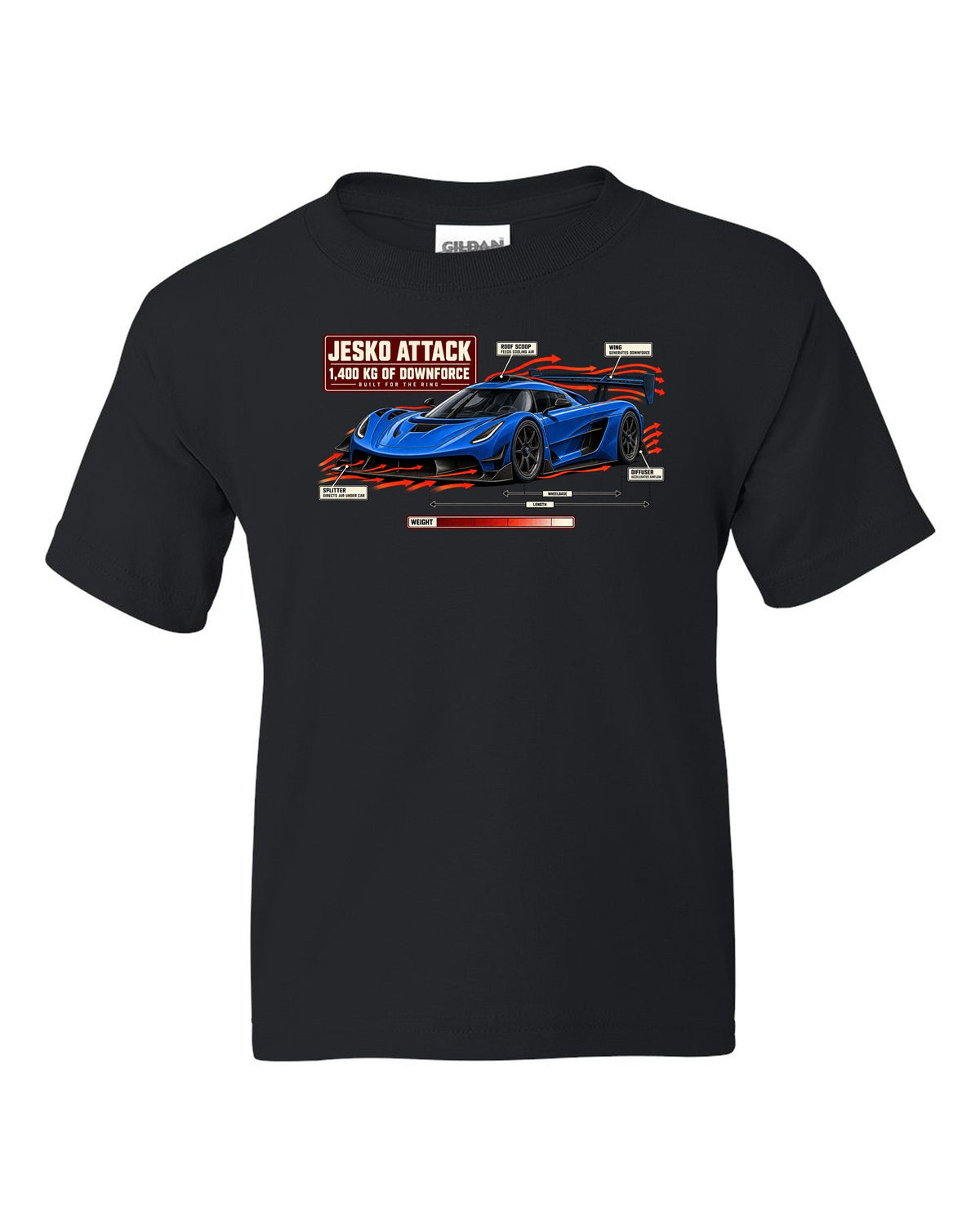 Aero callout diagram of the Koenigsegg Jesko Attack with rear wing and splitter, print black kids tee front view with the design