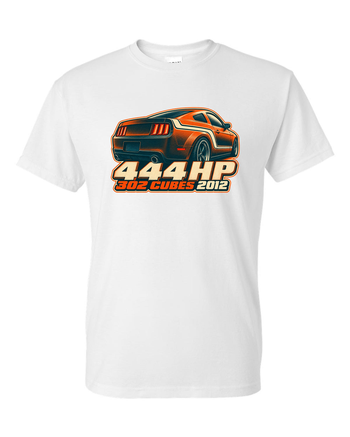 Risograph halftone stripe macro of a 2005-2014 S197 Ford Mustang with 444 HP text white t-shirt front view with the design
