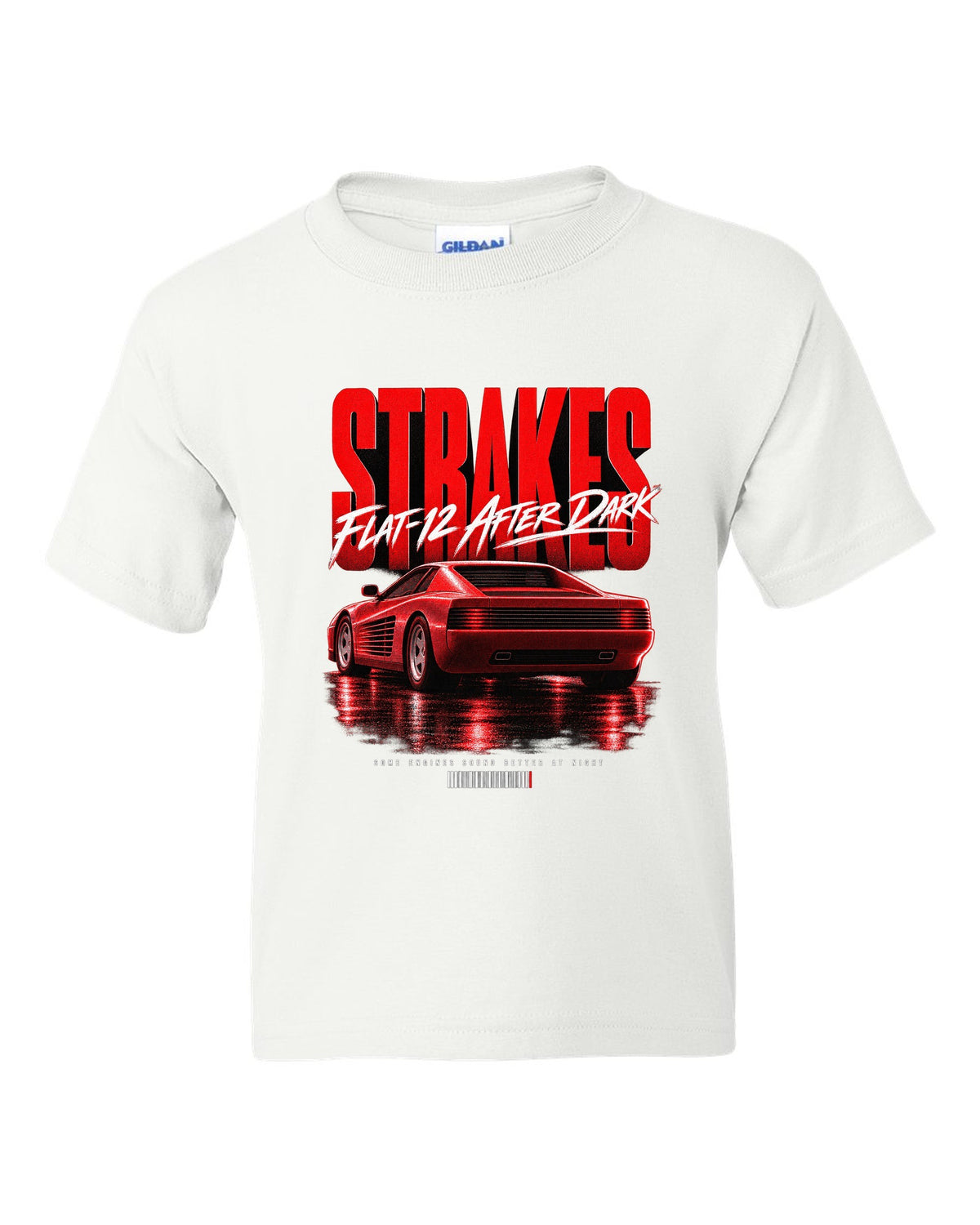 Street poster print of a Ferrari Testarossa F110 rear three-quarter with strakes and flat-12 text white kids tee front view with the design