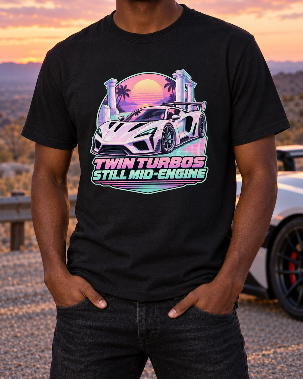 Corvette C8 Z06 Flat-Plane Crest print, Twin Turbos Joke Shirt T-Shirt Black worn hero