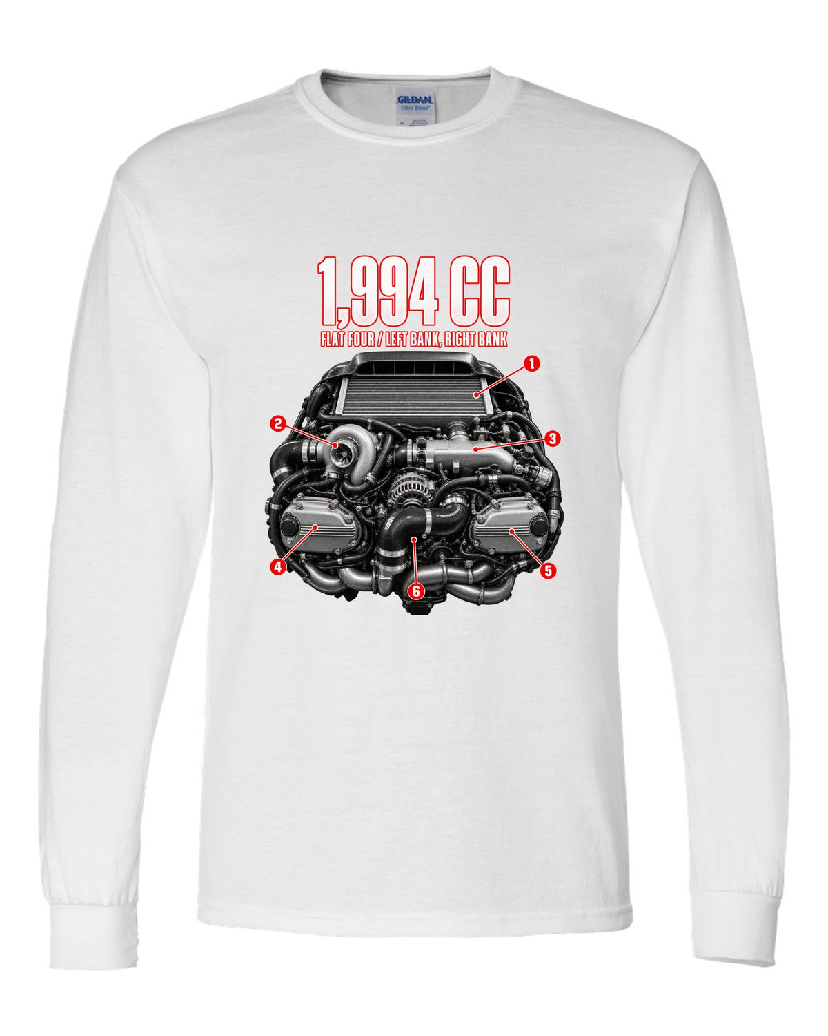 Subaru EJ20K flat-four boxer engine anatomy illustration from a GC8 WRX white long sleeve front view with the design