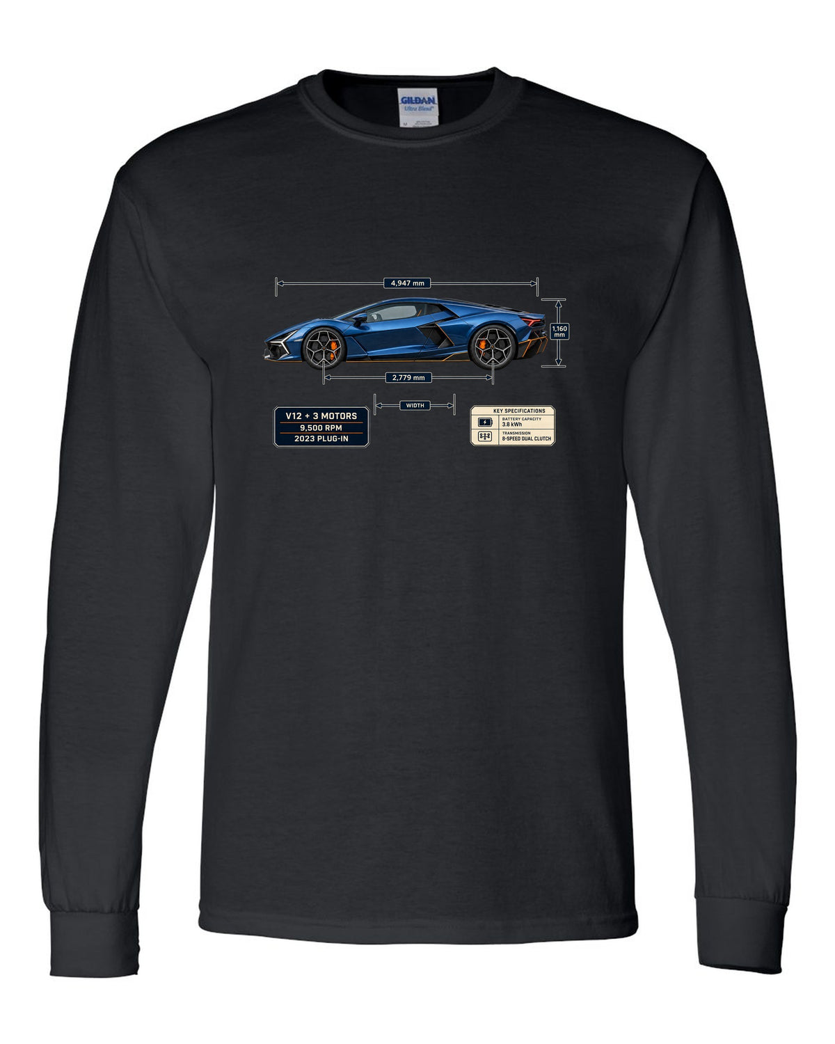 Dimension blueprint print of the Lamborghini Revuelto black long sleeve front view with the design