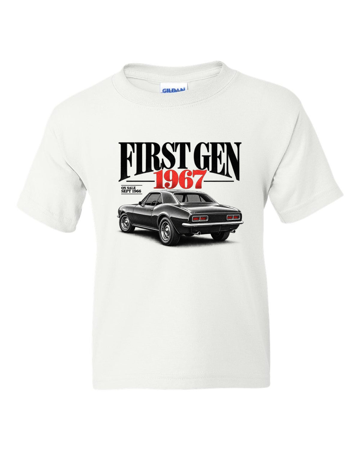Editorial headline print of a 1967 first-gen Chevrolet Camaro with September 1966 on-sale date white kids tee front view with the design