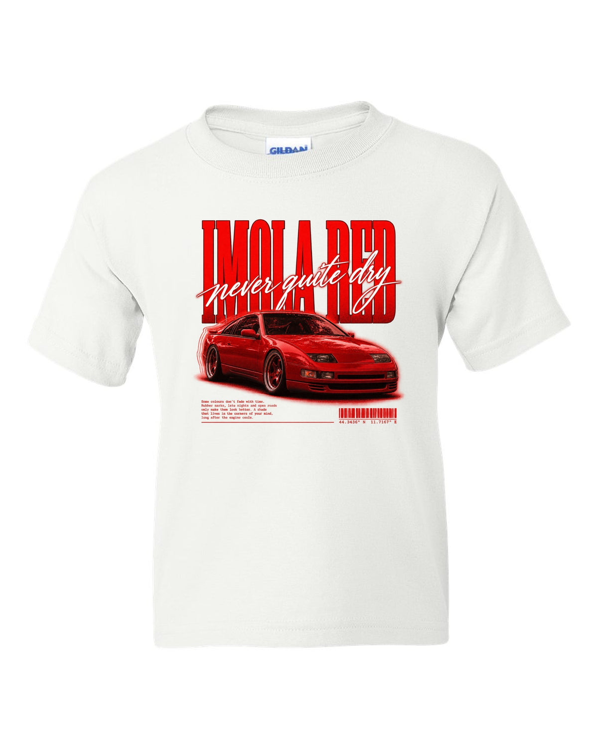 BMW E36 M3 coupe Imola Red street poster print with never quite dry text white kids tee front view with the design
