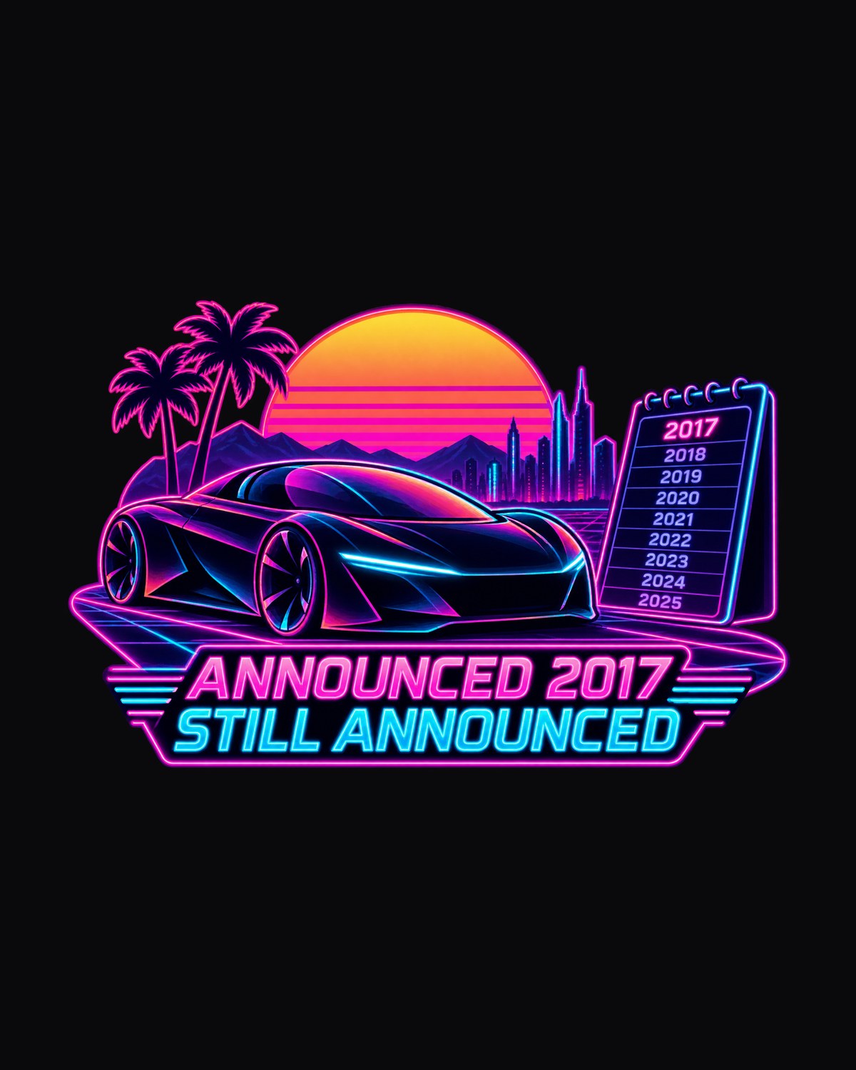 Tesla Roadster Gen 2 Neon Synthwave Tee, Waiting Room print design only