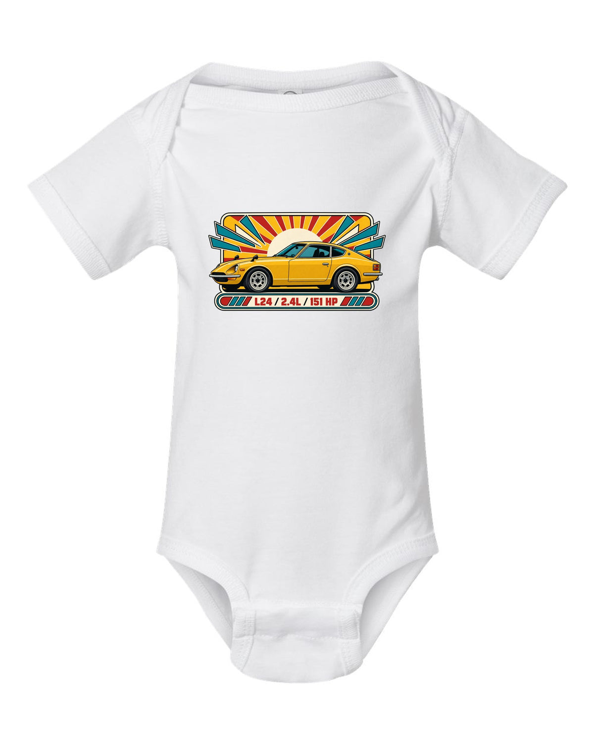 Retro 1970s catalogue ad print of the Datsun 240Z S30 with L24 2.4L 151 HP lettering white baby onesie front view with the design