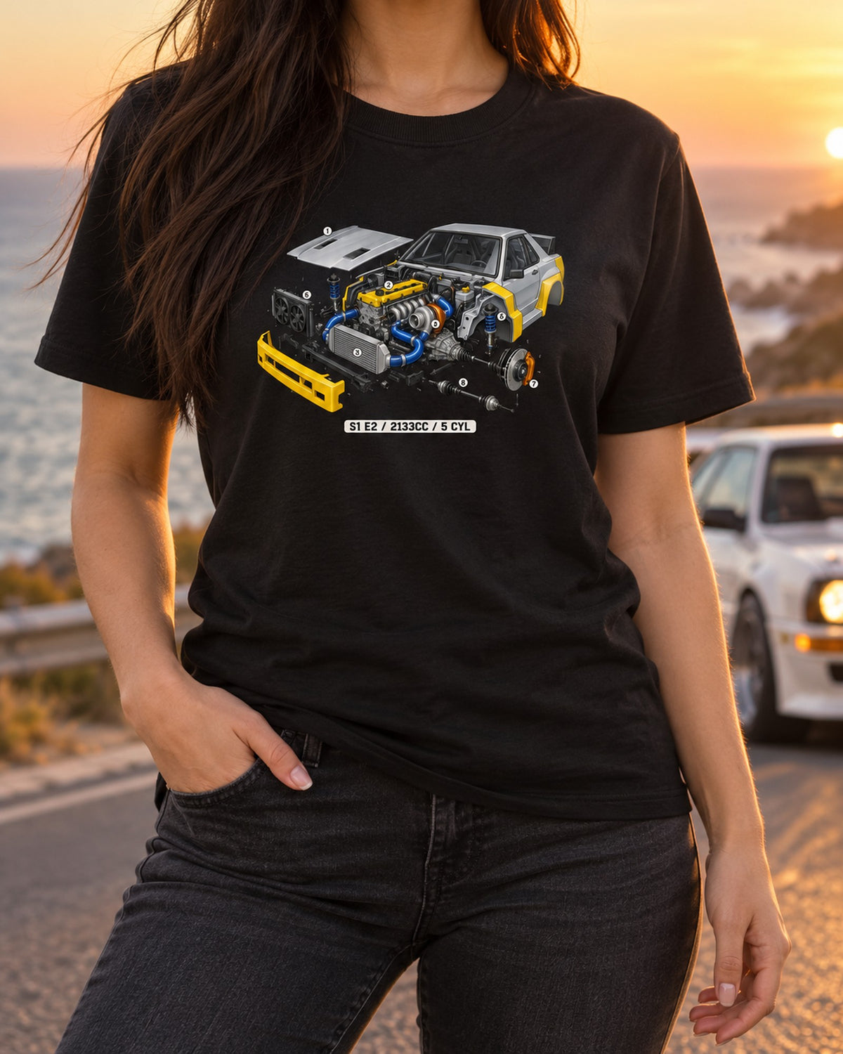 Audi Sport Quattro S1 E2 Five-Cylinder Engine Cutaway Tee T-Shirt Black worn hero