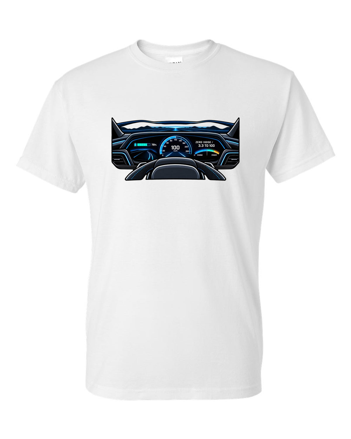 Flat gauge cluster print for the Audi e-tron GT with zero noise lettering white t-shirt front view with the design