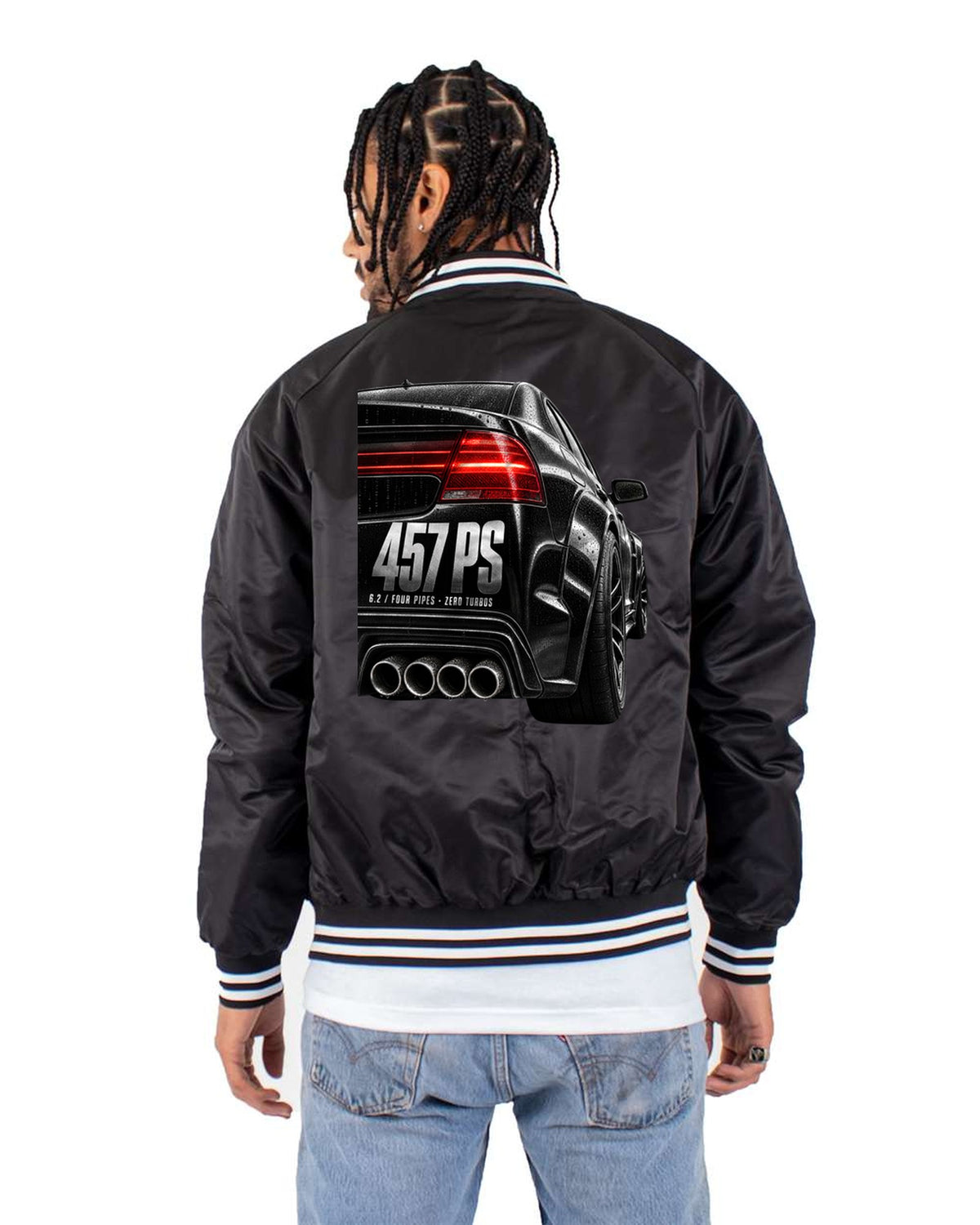 W204 C63 Sedan Taillight Macro Shirt, 457 PS Four Pipes Bomber Jacket Black back