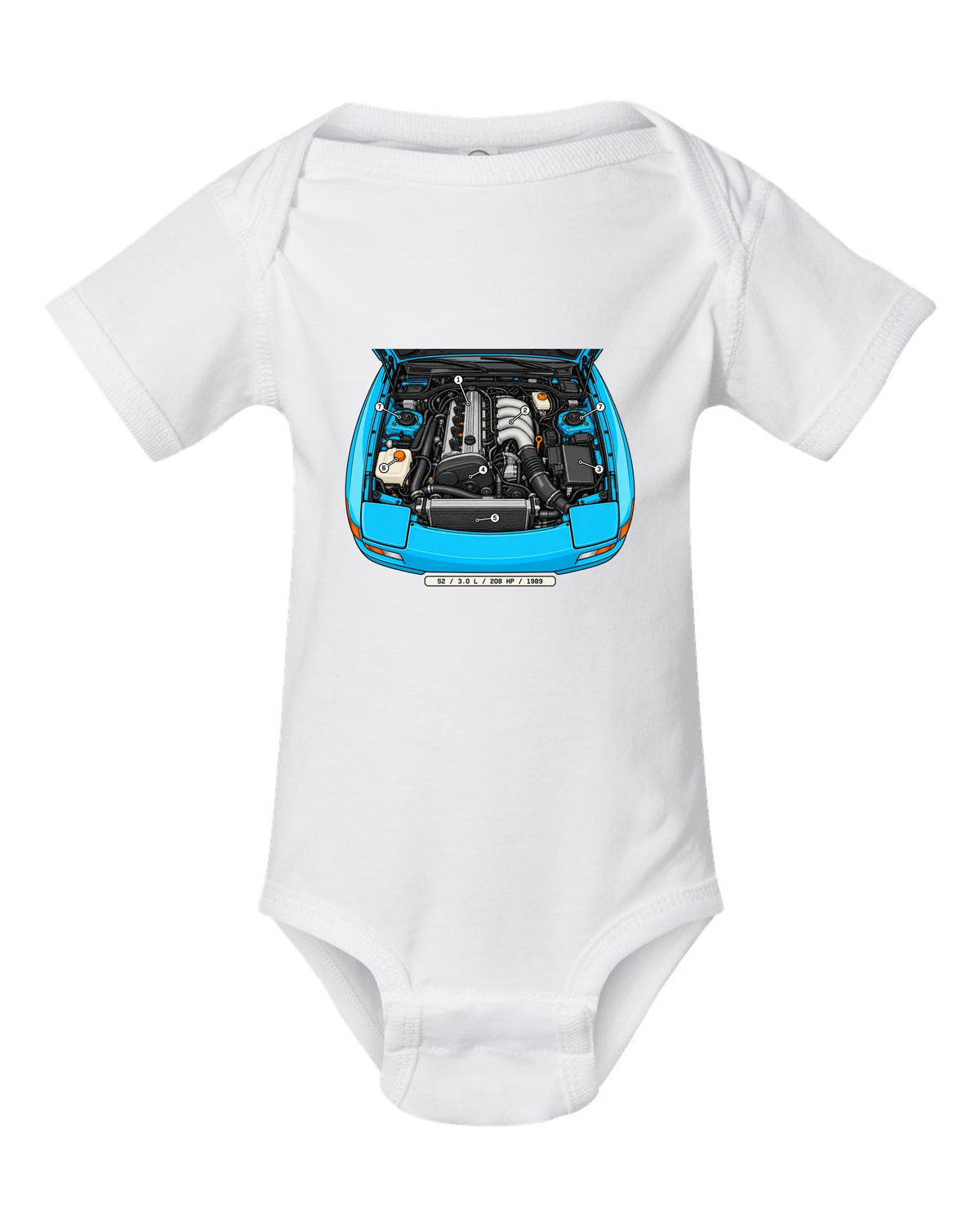 Technical callout diagram of the Porsche 944 S2 engine bay white baby onesie front view with the design