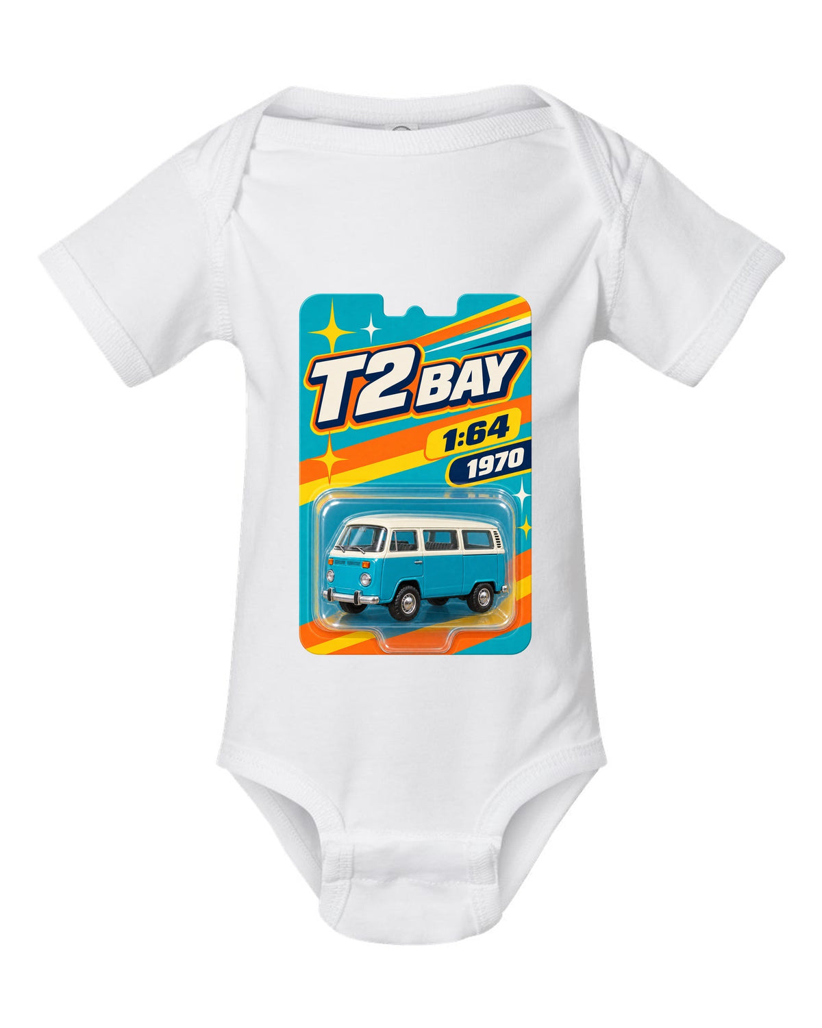 Toy-card blister pack style print of a 1970 VW Bus T2 bay window at 1:64 white baby onesie front view with the design