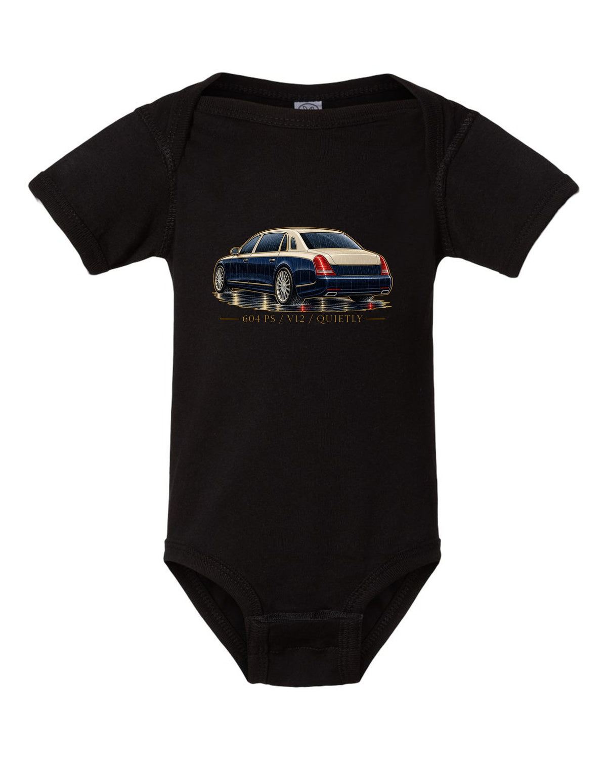 Single-line contour drawing of a Maybach 57 S W240 in rain with 604 PS V12 Quietly text black baby onesie front view with the design