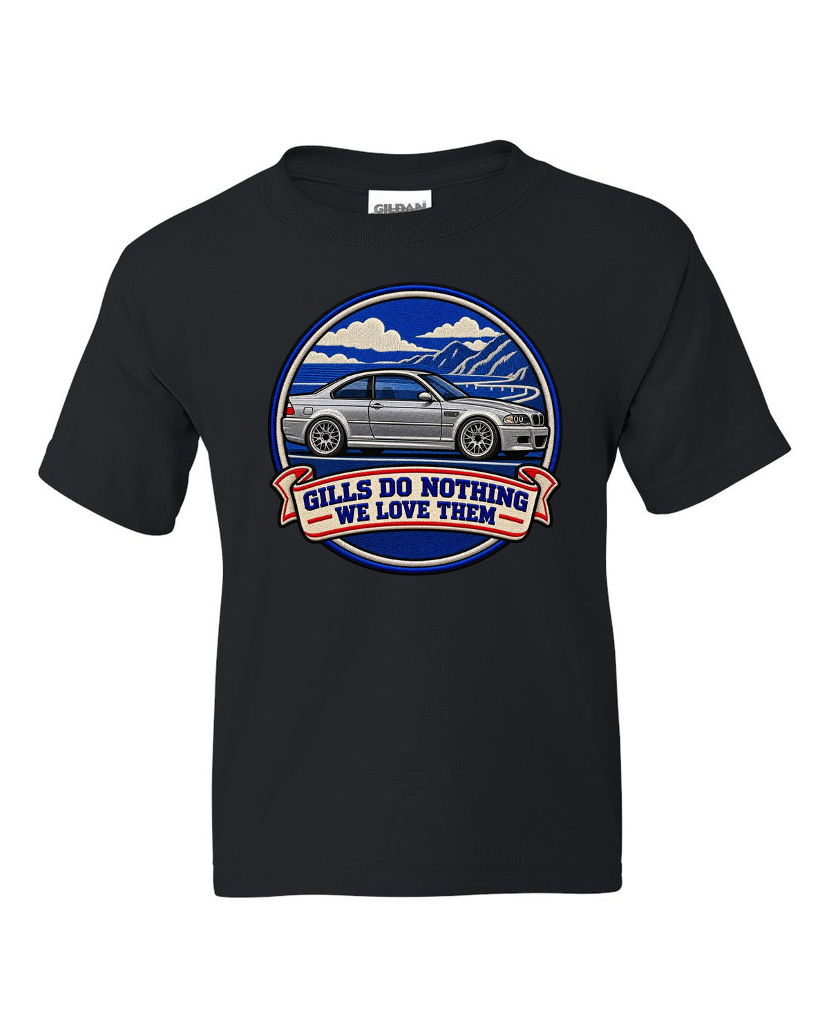Varsity crest style print of a BMW E46 M3 coupe with gills do nothing we love them text black kids tee front view with the design