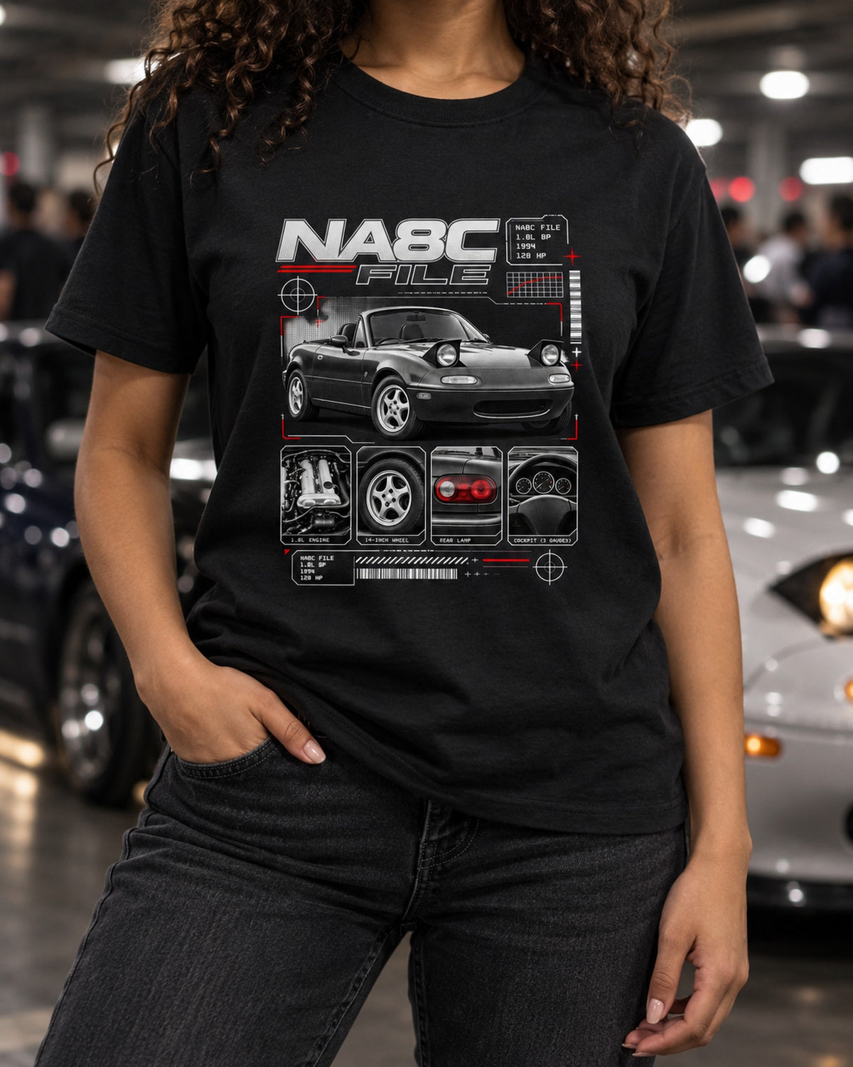 Mazda MX-5 NA Eunos Roadster Dossier Shirt, Miata Gift T-Shirt Black worn hero
