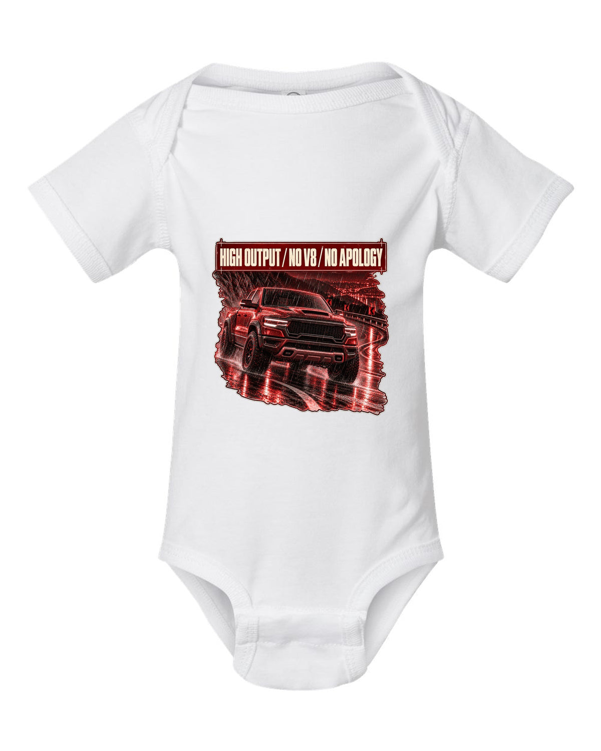Ram 1500 RHO 2025 night street poster print white baby onesie front view with the design