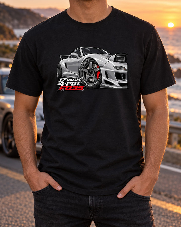 FD3S RX-7 Wheel and Brake Detail Graphic Tee for Car Guys T-Shirt Black worn hero