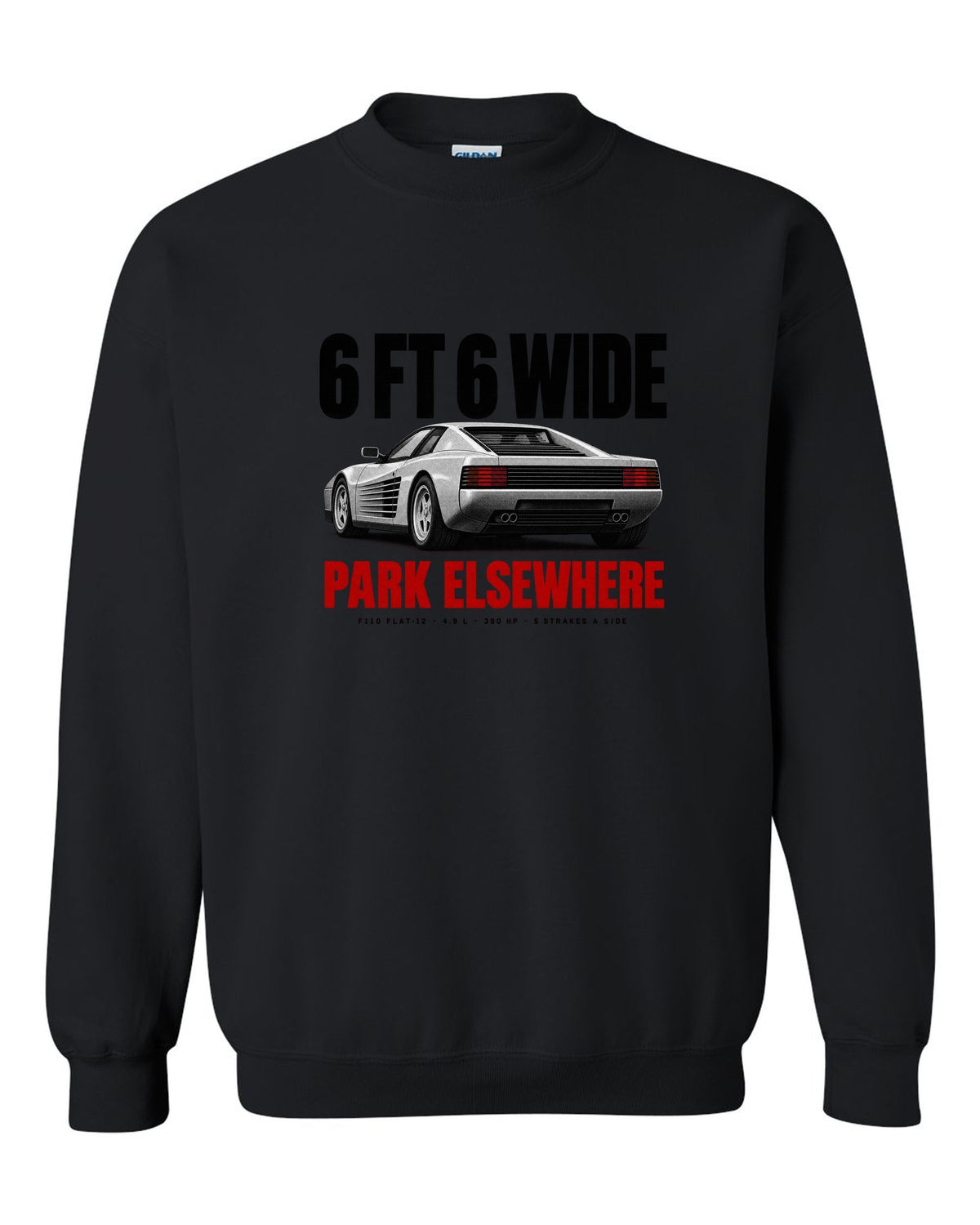 Ferrari Testarossa F110 1984 halftone print, 6 ft 6 wide, park elsewhere black crewneck front view with the design