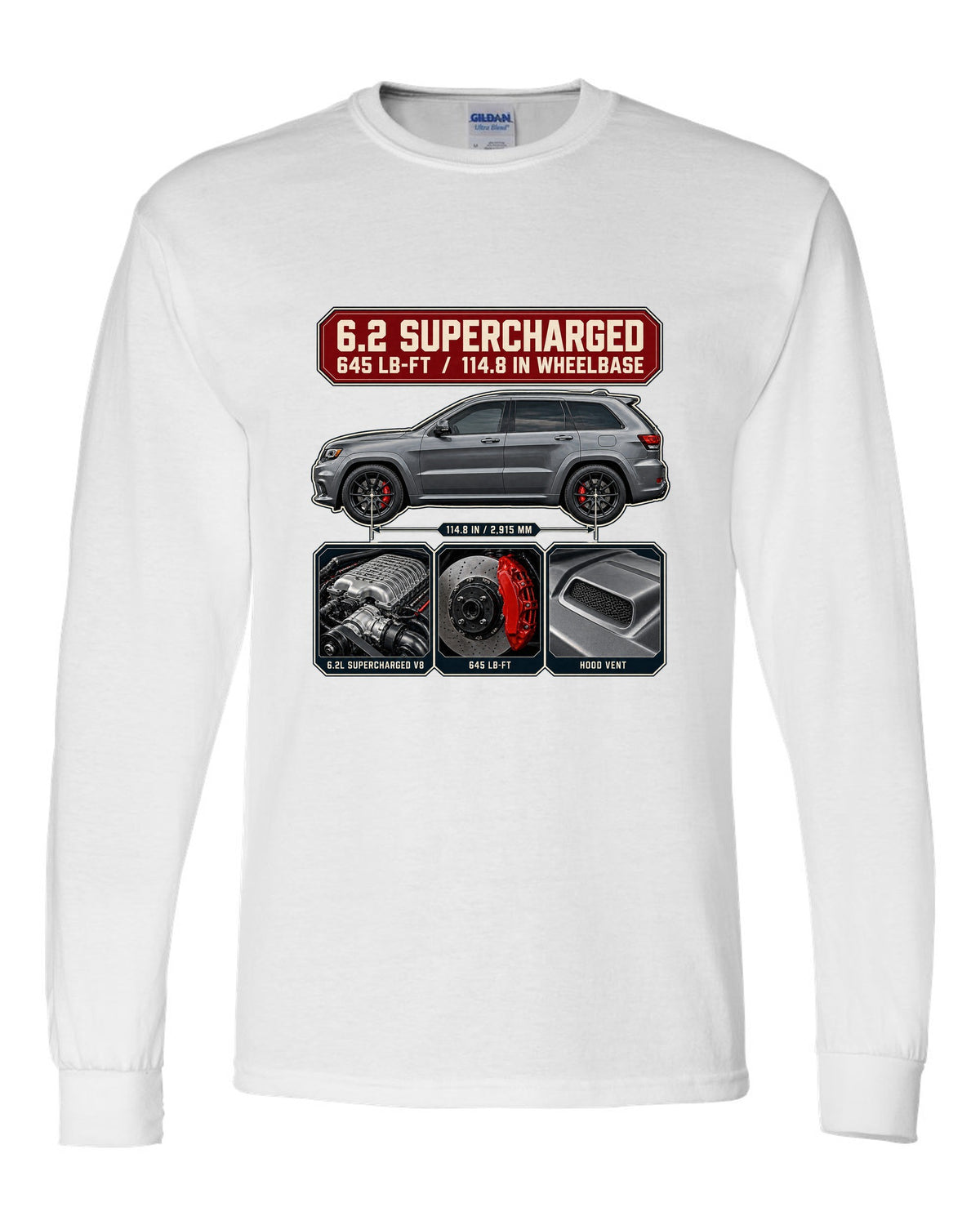 Dossier panel print of the Jeep Grand Cherokee Trackhawk WK2 with engine and torque white long sleeve front view with the design