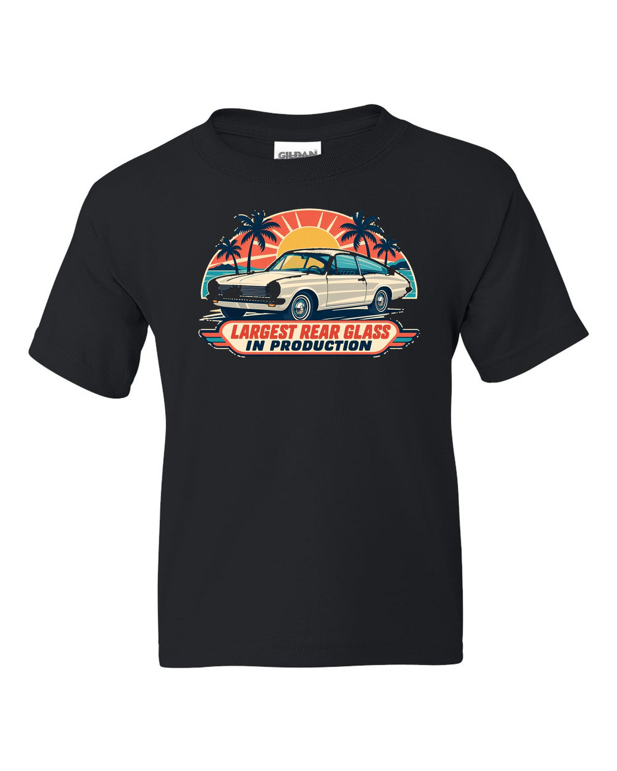 Mid-century travel poster print of a 1965 Plymouth Barracuda fastback black kids tee front view with the design