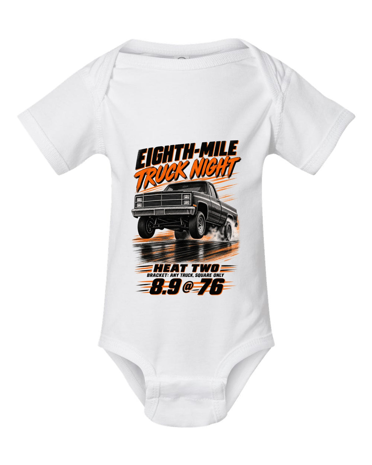 Squarebody C10 eighth-mile race poster print white baby onesie front view with the design