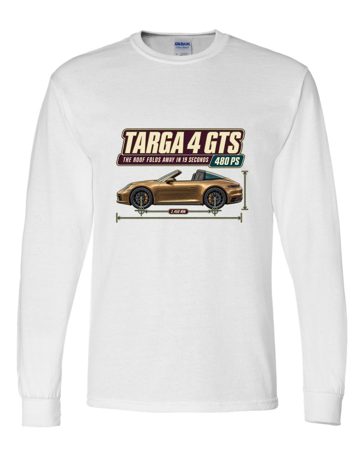 Editorial headline print of a Porsche 911 Targa 4 GTS 992 white long sleeve front view with the design