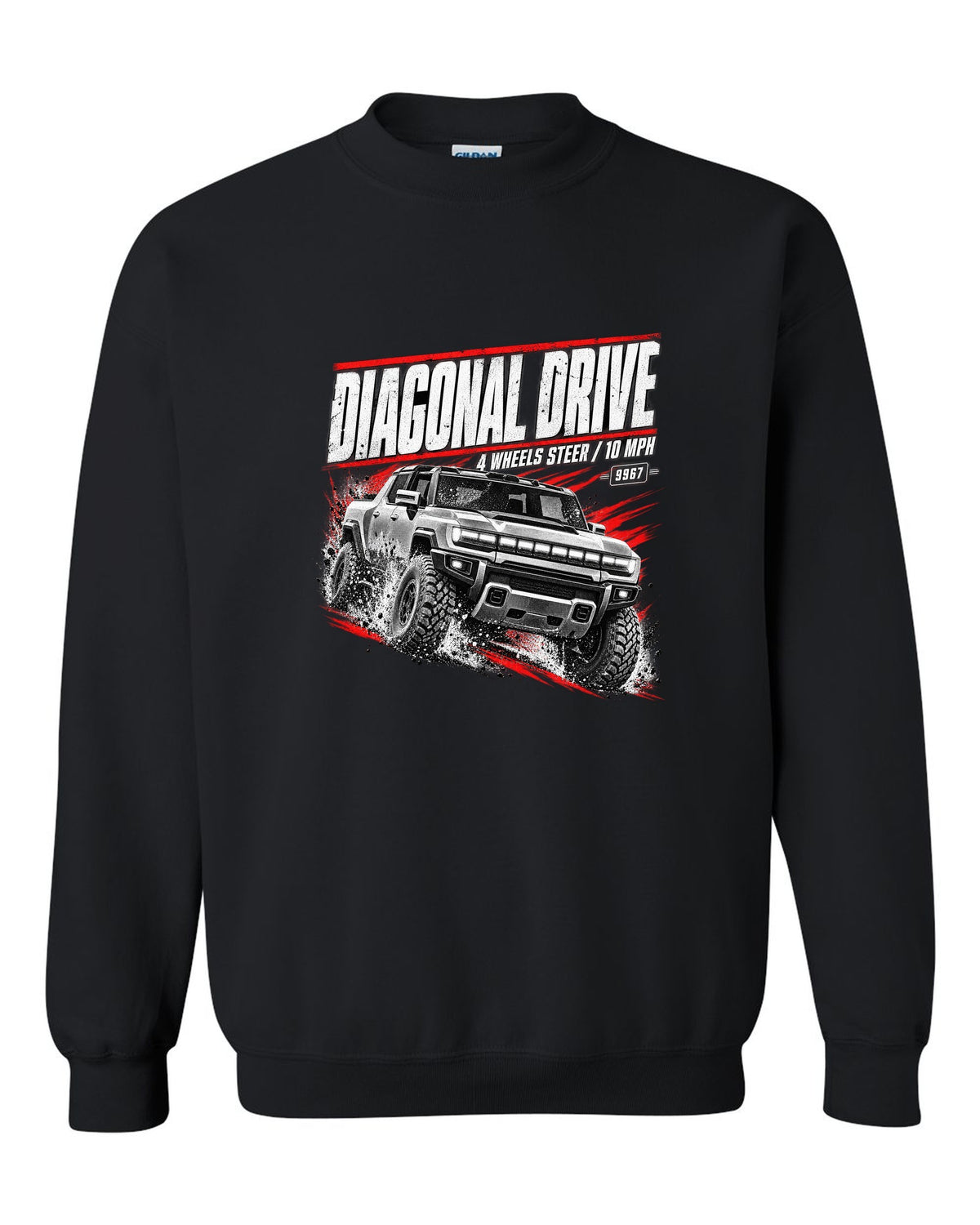 GMC Hummer EV pickup moving diagonally in a race poster design black crewneck front view with the design