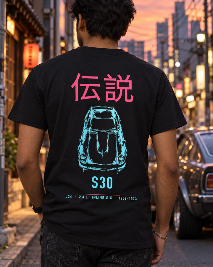S30 L24 Full-Back Graphic Tee T-Shirt Black worn hero