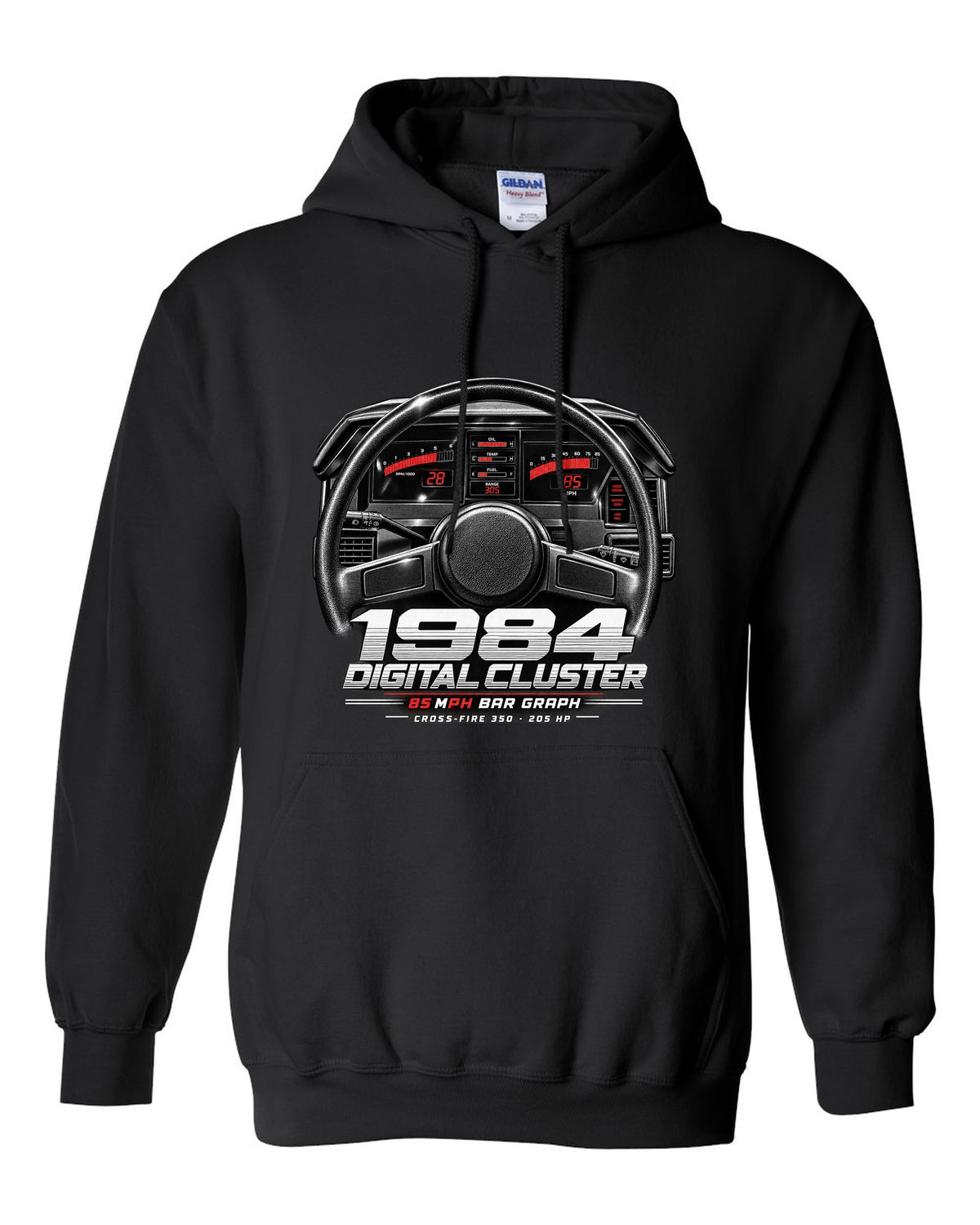Chevrolet Corvette C4 1984 digital dash cluster cockpit print black pull over hoodie front view with the design
