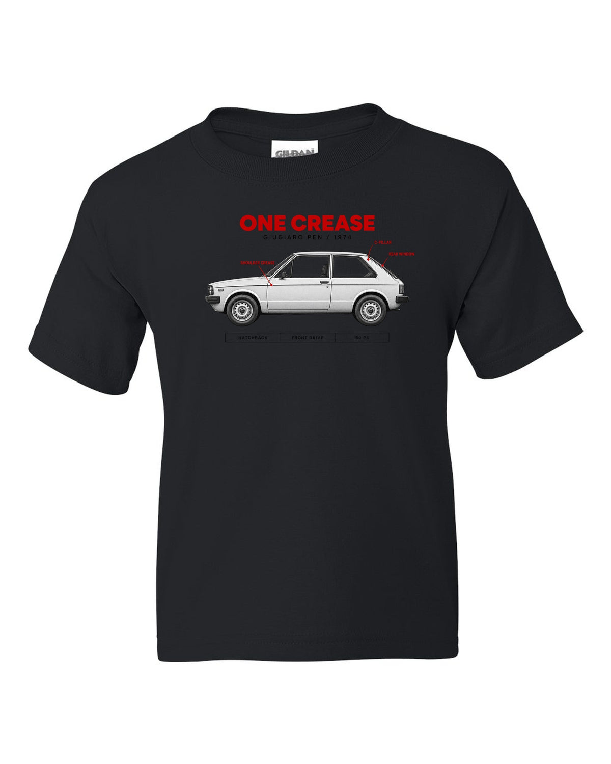 VW Golf Mk1 1974 Giugiaro Spec Poster print black kids tee front view with the design