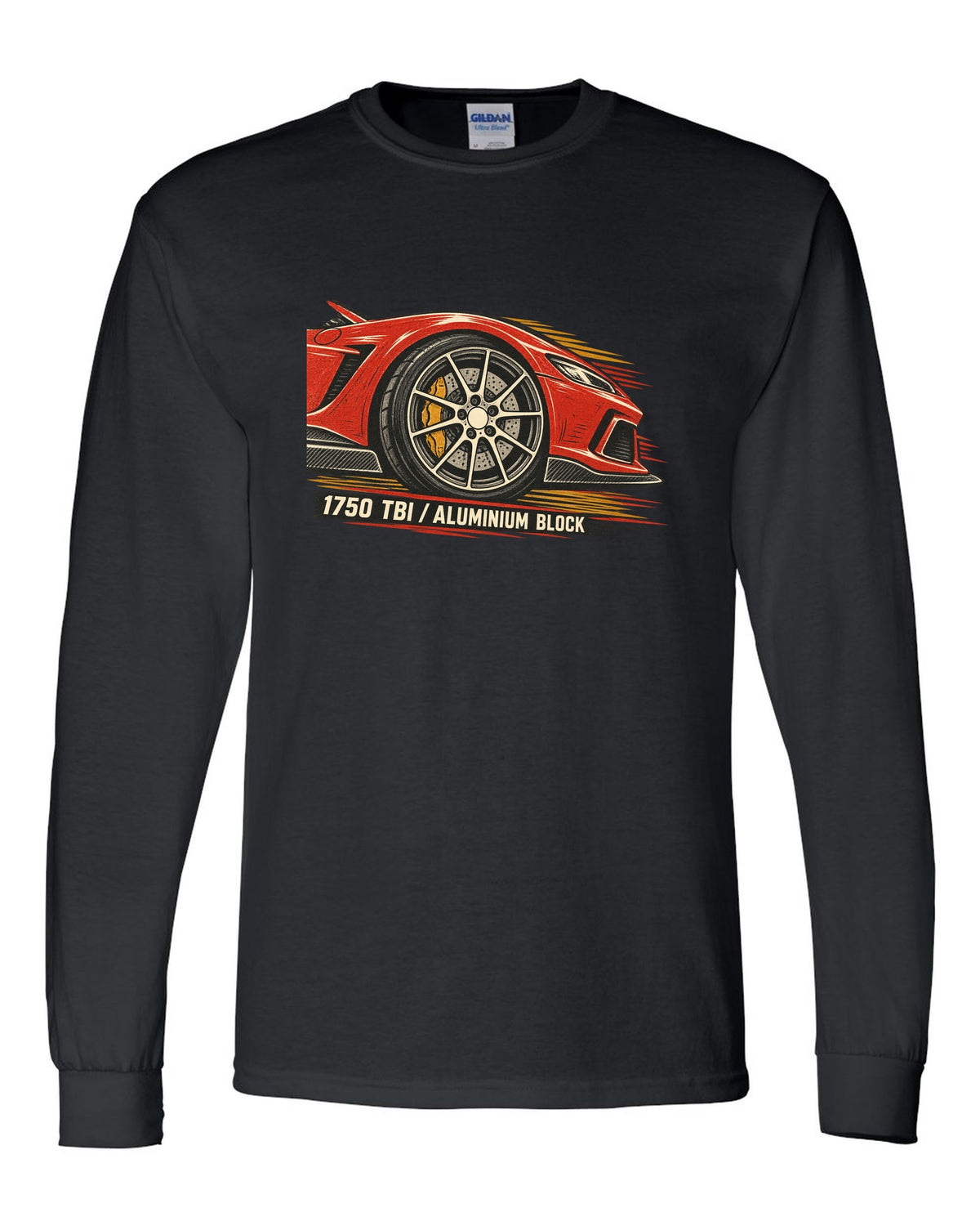 Multi-ink linocut illustration of an Alfa Romeo 4C with 1750 TBI aluminium block text black long sleeve front view with the design
