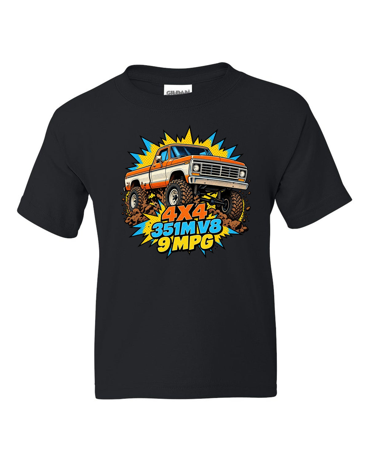 Dent-Side Ford F-150 Comic Halftone Pop-Art Workshop Tee black kids tee front view with the design
