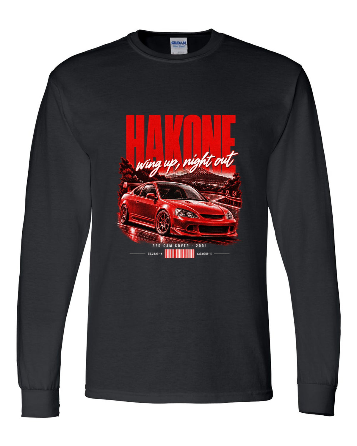 Honda Integra DC5 Type R chback street poster with Hakone and red cam cover text black long sleeve front view with the design