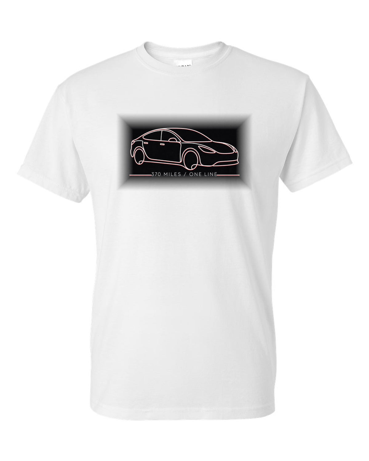 Continuous single-line contour drawing of a 2019 Tesla Model S Raven with the words 370 Miles One Line white t-shirt front view with the design