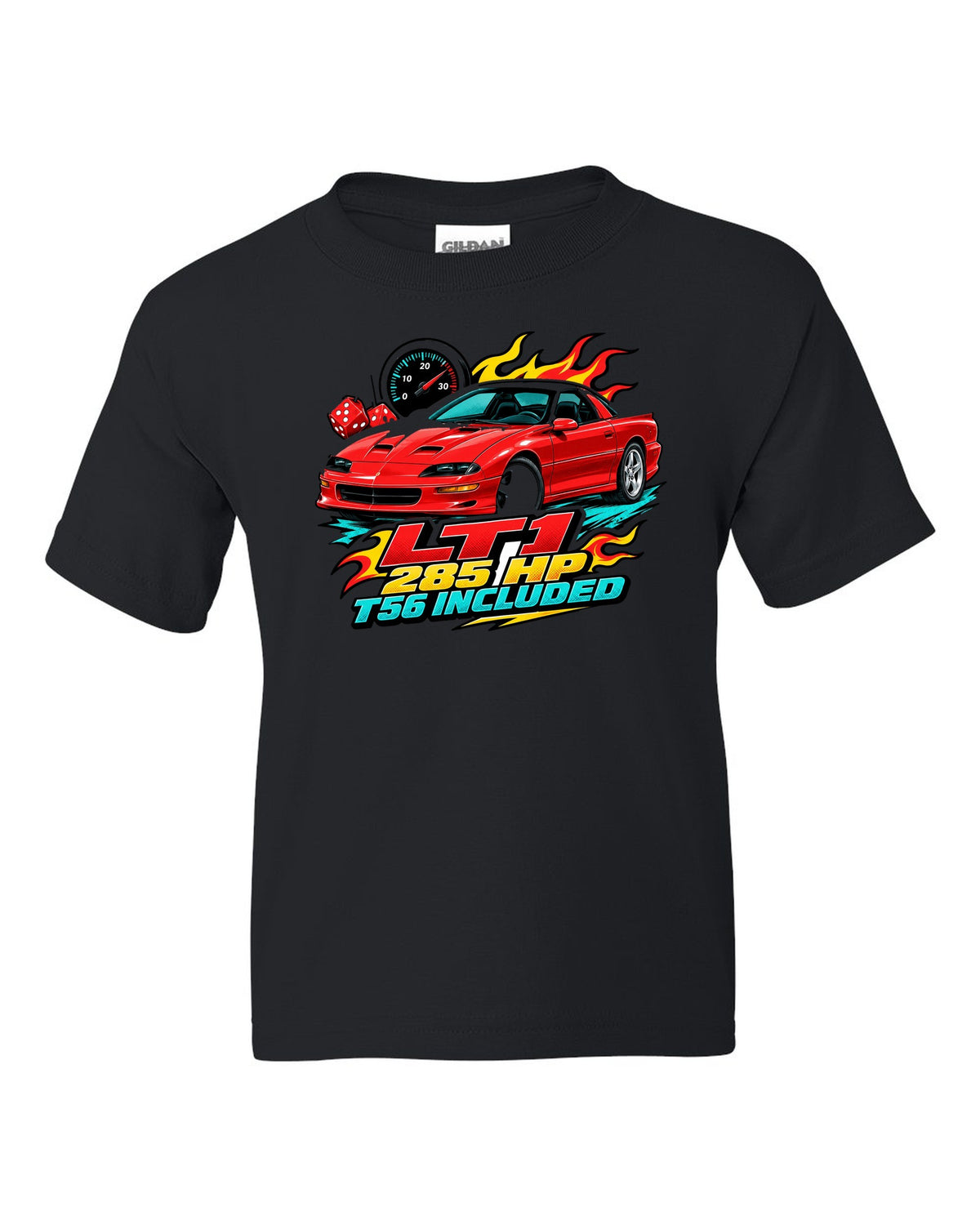 1996 Chevrolet Camaro Z28 LT1 sticker-bomb collage print with 285 HP T56 text black kids tee front view with the design