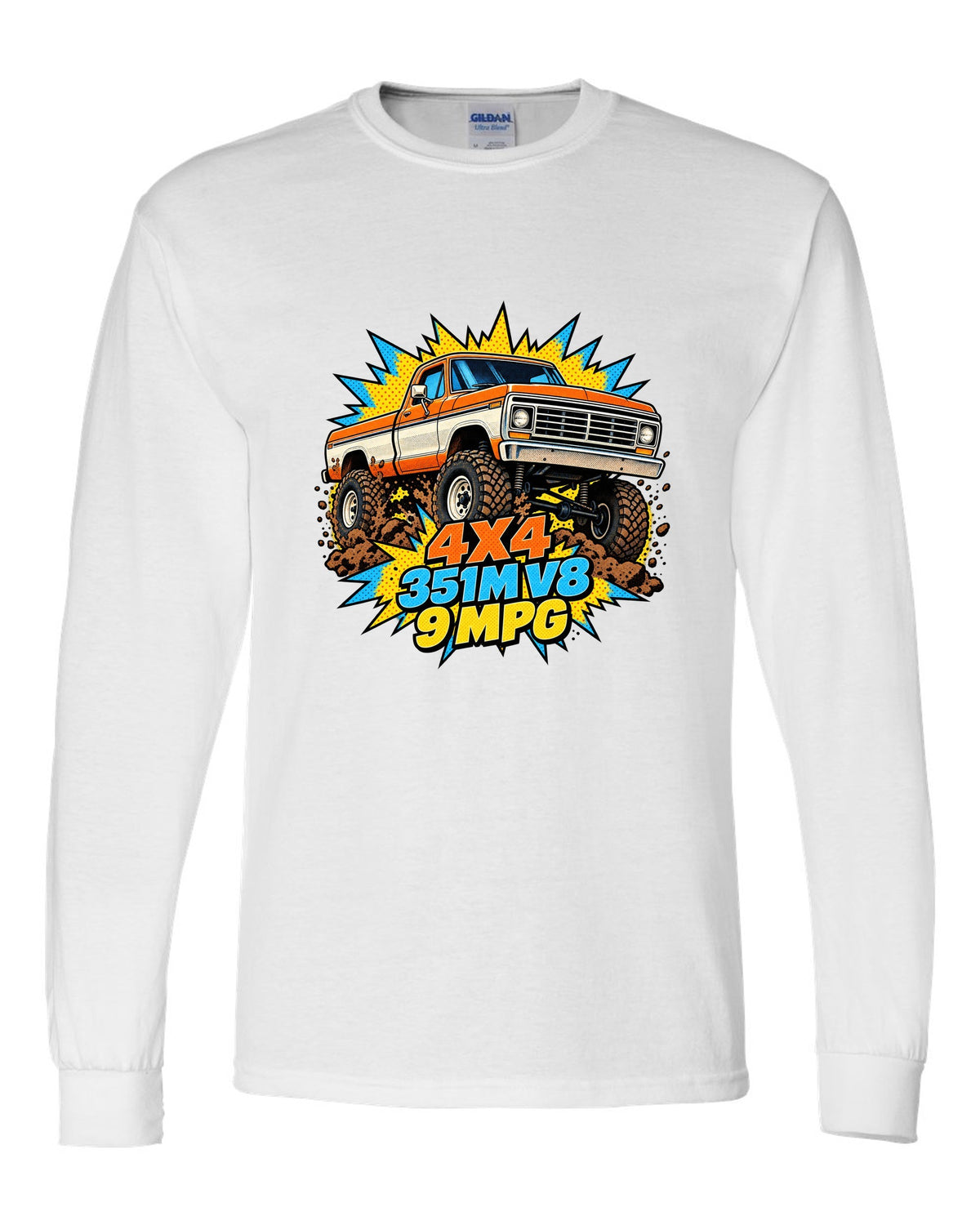 Dent-Side Ford F-150 Comic Halftone Pop-Art Workshop Tee white long sleeve front view with the design