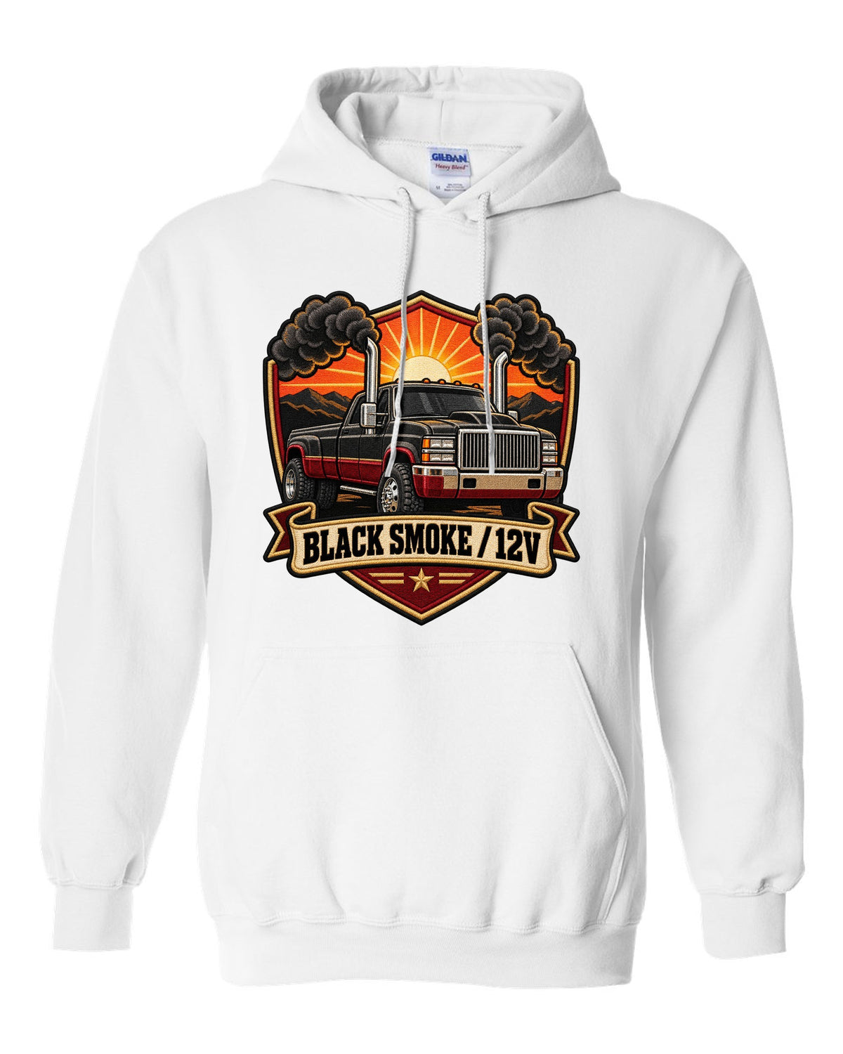 Varsity crest print of a 1994-1998 Dodge Ram 2nd gen with twin chrome smoke stacks and 12V text white pull over hoodie front view with the design