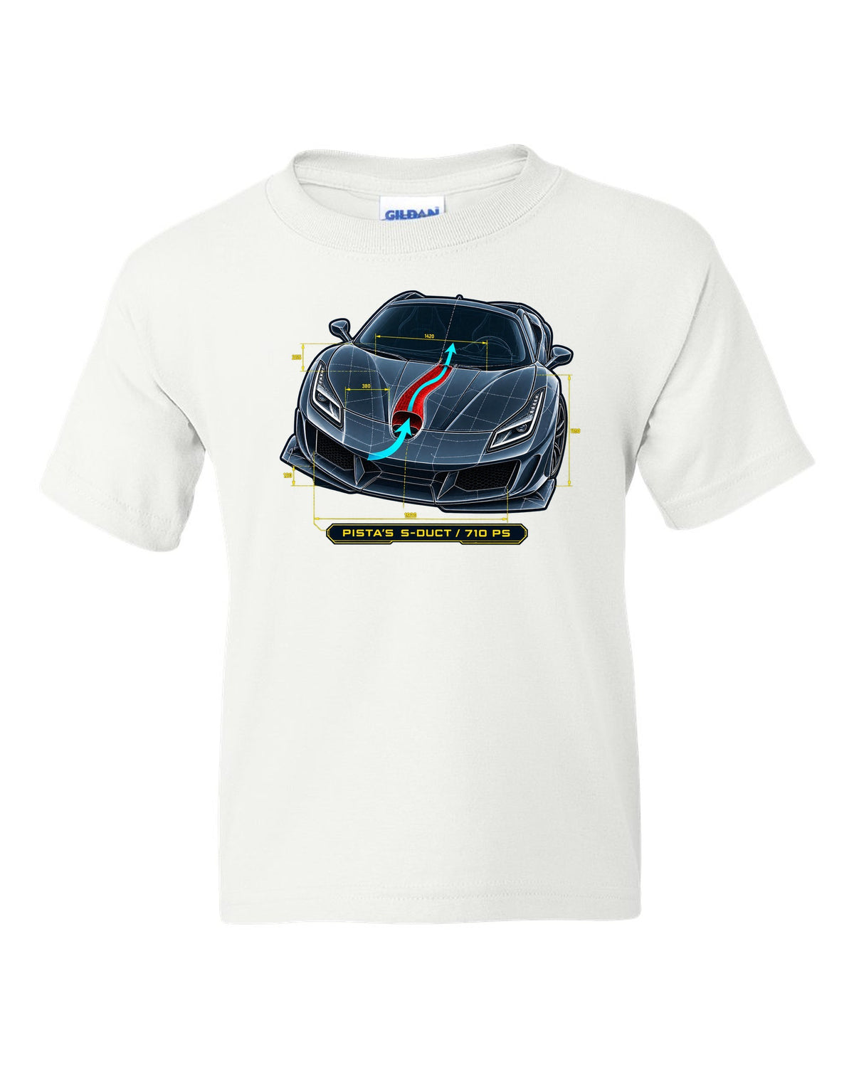 Blueprint line art of the Ferrari F8 Tributo S-duct with Pista reference white kids tee front view with the design