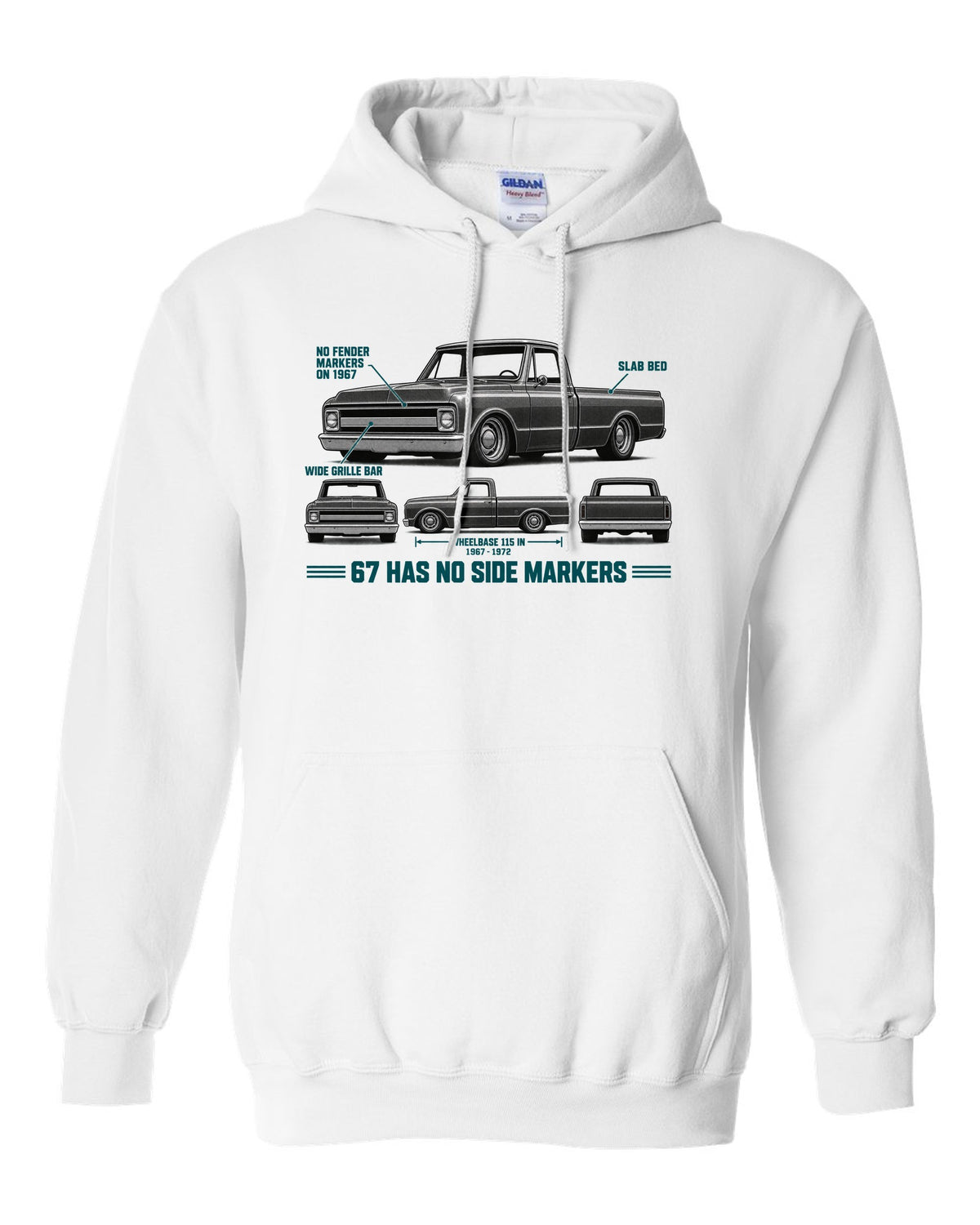 Chevrolet C10 Fleetside 1967-72 Spec Strip white pull over hoodie front view with the design