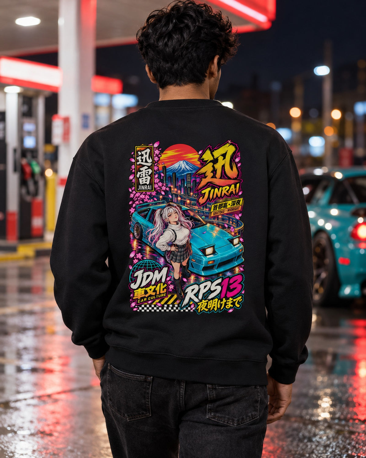 JINRAI RPS13 Anime Girl Full-Back Graphic Tee Crewneck Black worn hero