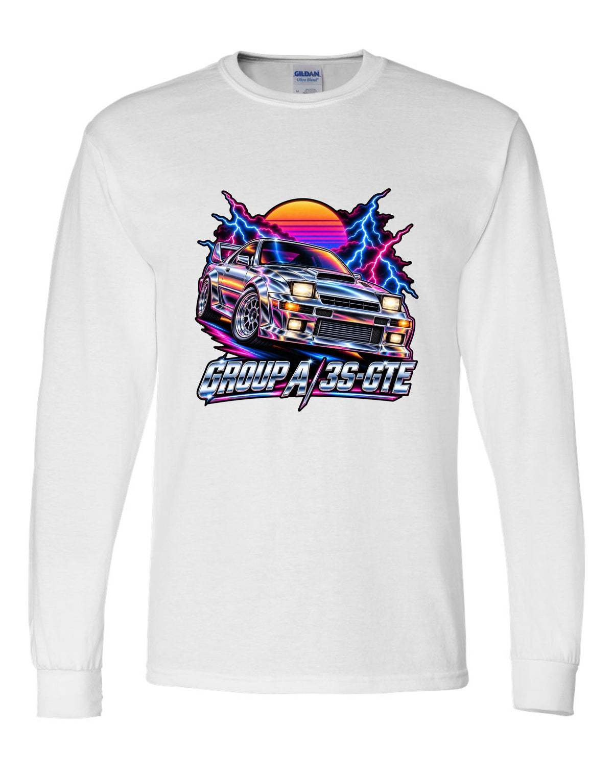 80s airbrush chrome illustration of a Toyota Celica GT-Four ST185 with Group A 3S-GTE lettering white long sleeve front view with the design